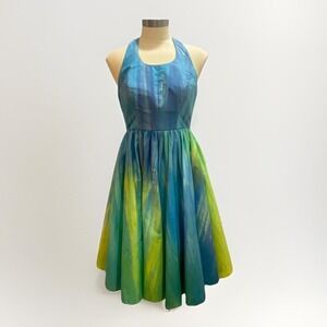 Vintage Handmade Halter Dress Blue Green Watercolor Fit and Flare Fairy Dress 4